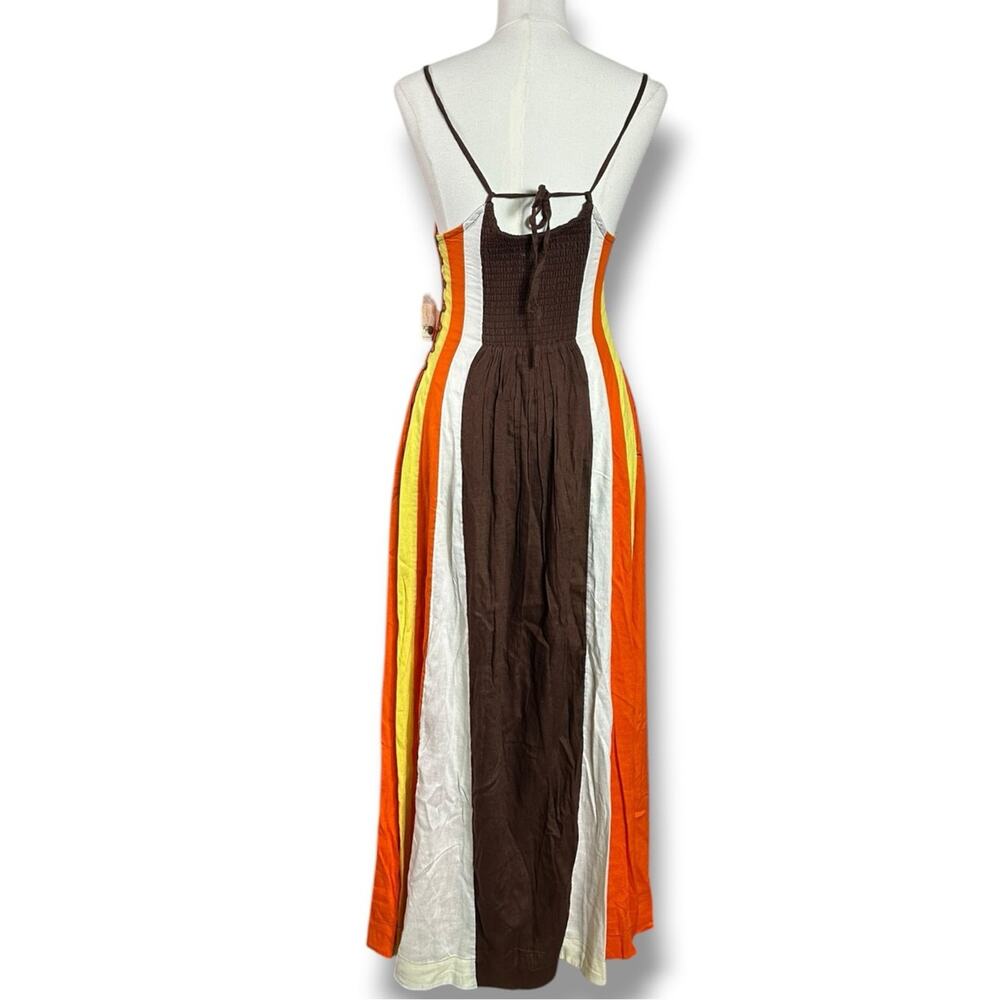 Free People Linen Retro 70s Color Harmony Maxi Dress in Chocolate Combo Small - Picture 7 of 10
